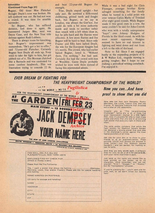 Boxing News Clipping #133 - Jose Becerra, Jack Dempsey "Your Name Here" Poster Ad
