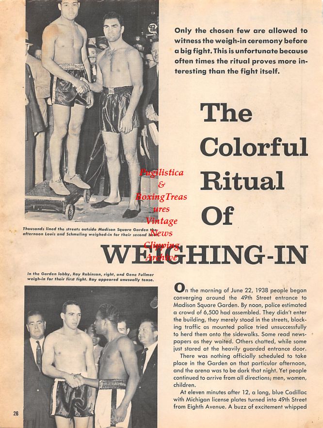 Boxing News Clipping #1334 - Max Schmeling vs. Joe Louis II weigh-in, Sugar Ray Robinson vs. Gene Fullmer I weigh-in