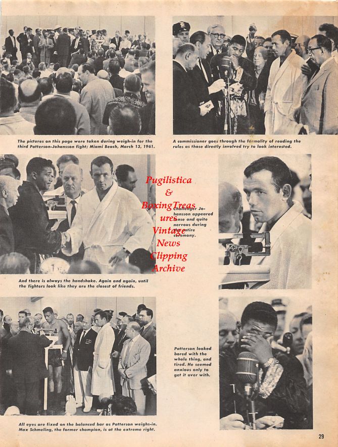 Boxing News Clipping #1336 - Ingemar Johansson vs. Floyd Patterson III weigh-in ceremonies, Jake LaMotta, Duilio Loi