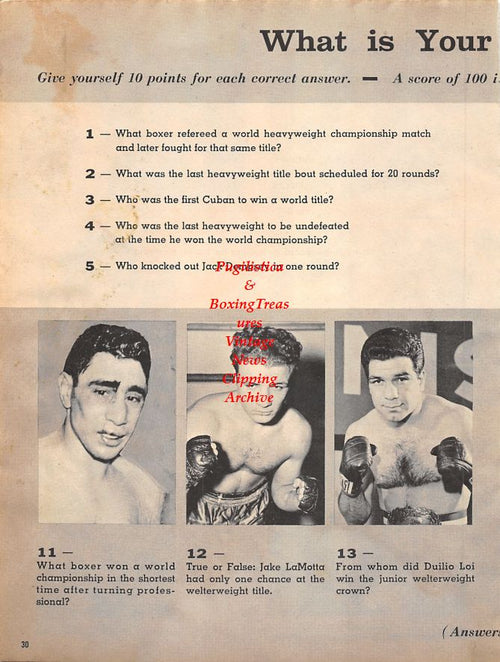 Boxing News Clipping #1336 - Ingemar Johansson vs. Floyd Patterson III weigh-in ceremonies, Jake LaMotta, Duilio Loi
