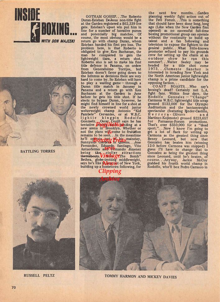 Boxing News Clipping #134 - Roberto Duran vs. Esteban DeJesus, Battling Torres, Russell Peltz, Tommy Harmon, Mickey Davies