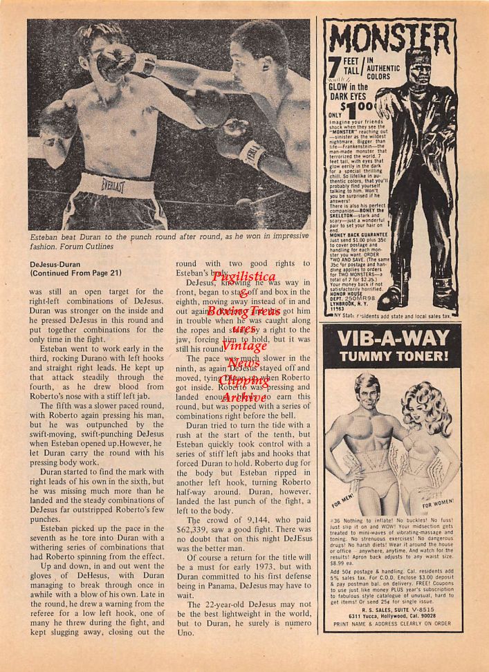 Boxing News Clipping #134 - Roberto Duran vs. Esteban DeJesus, Battling Torres, Russell Peltz, Tommy Harmon, Mickey Davies