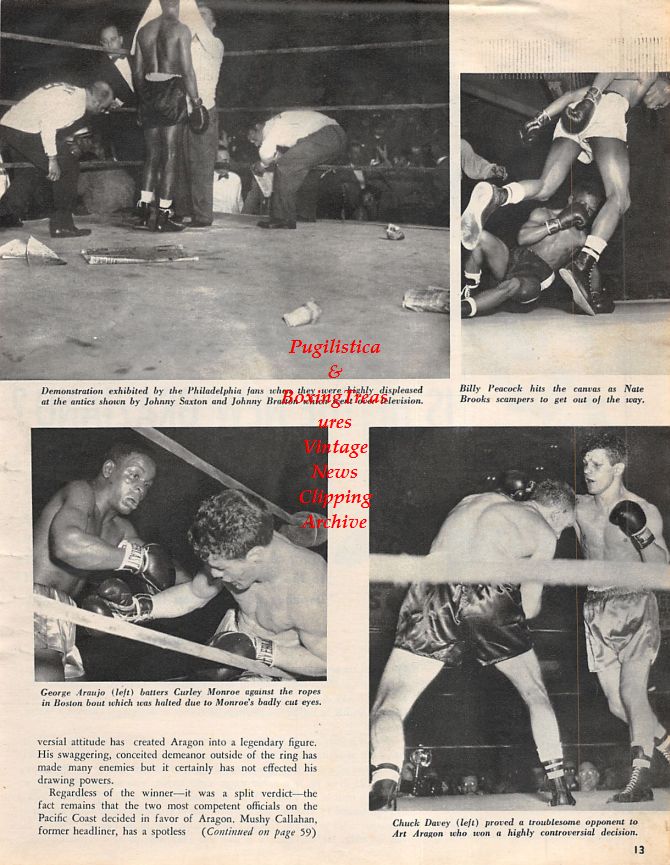 Boxing News Clipping #1361 - Rocky Casillo, Danny Giovanelli, Johnny Saxton vs. Johnny Bratton, Billy Peacock vs. Nate Brooks, George Araujo vs. Curley Monroe, Chuck Davey vs. Art Aragon