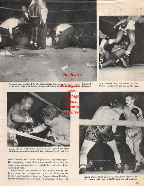 Boxing News Clipping #1361 - Rocky Casillo, Danny Giovanelli, Johnny Saxton vs. Johnny Bratton, Billy Peacock vs. Nate Brooks, George Araujo vs. Curley Monroe, Chuck Davey vs. Art Aragon