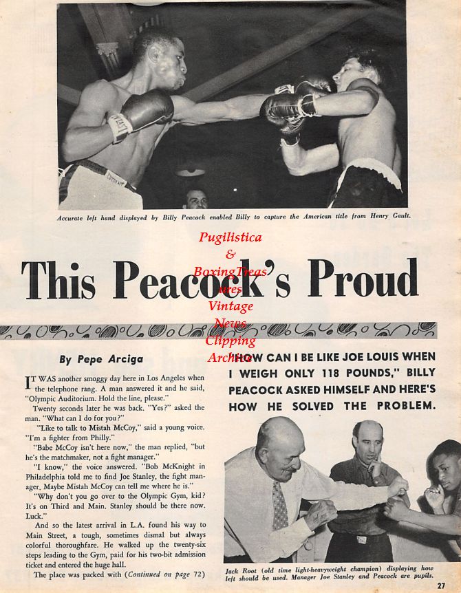 Boxing News Clipping #1367 - Billy Peacock vs. Henry Pappy Gault, Jack Root, Joe Stanley, Henry Armstrong, Petey Sarron