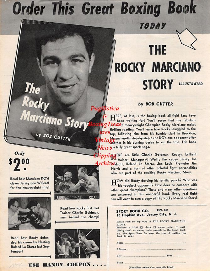 Boxing News Clipping #1372 - Rocky Marciano book ad, Paddy DeMarco