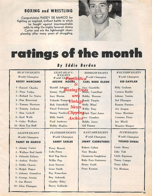 Boxing News Clipping #1372 - Rocky Marciano book ad, Paddy DeMarco