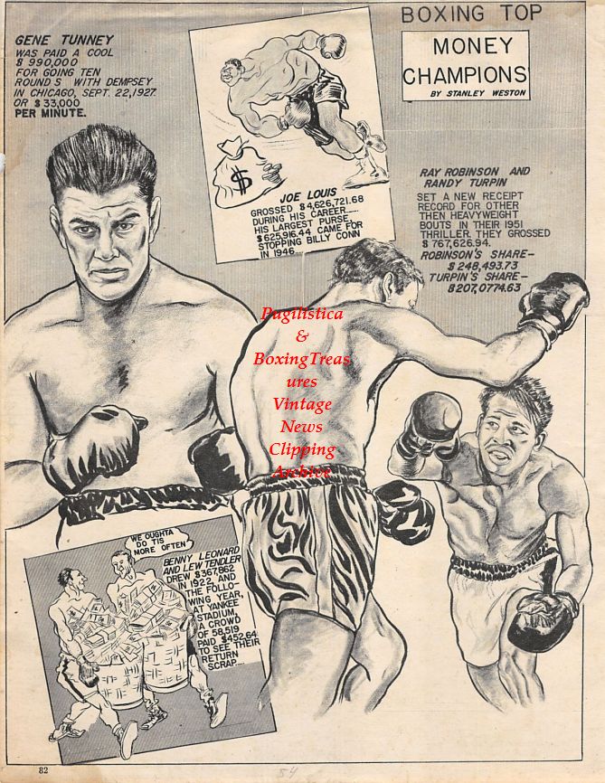 Boxing News Clipping #1375 - Cartoon by Stanley Weston with Gene Tunney, Joe Louis, Ray Robinson vs. Randy Turpin, Benny Leonard vs. Lew Tendler
