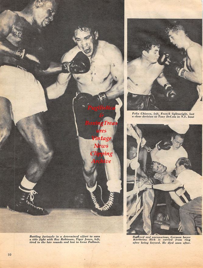 Boxing News Clipping #1378 - Alex Miteff vs. Willi Besmanoff, Tiger Jones vs. Gene Fullmer, Felix Chiocca vs. Tony DeCola, Karl Heinz Bick tragic bout