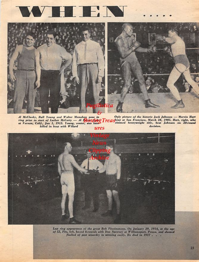 Boxing News Clipping #1385 - Al McClusky, Bull Young, Walter Monahan, Jack Johnson vs. Marvin Hart, Bob Fitzsimmons vs. Dan Sweeney, Abe Attell vs. Harry Baker, Jack Johnson and Frank Moran