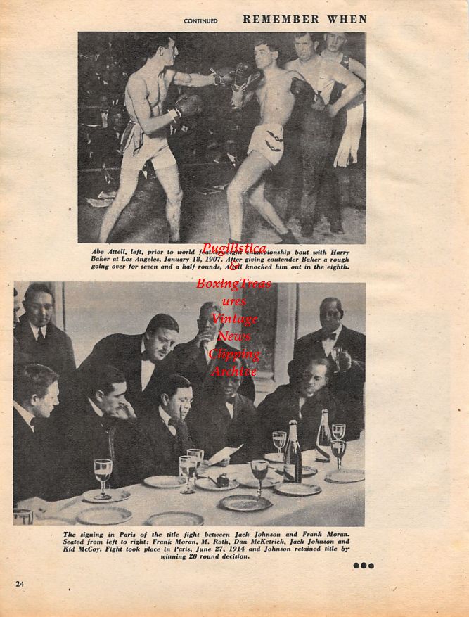 Boxing News Clipping #1385 - Al McClusky, Bull Young, Walter Monahan, Jack Johnson vs. Marvin Hart, Bob Fitzsimmons vs. Dan Sweeney, Abe Attell vs. Harry Baker, Jack Johnson and Frank Moran