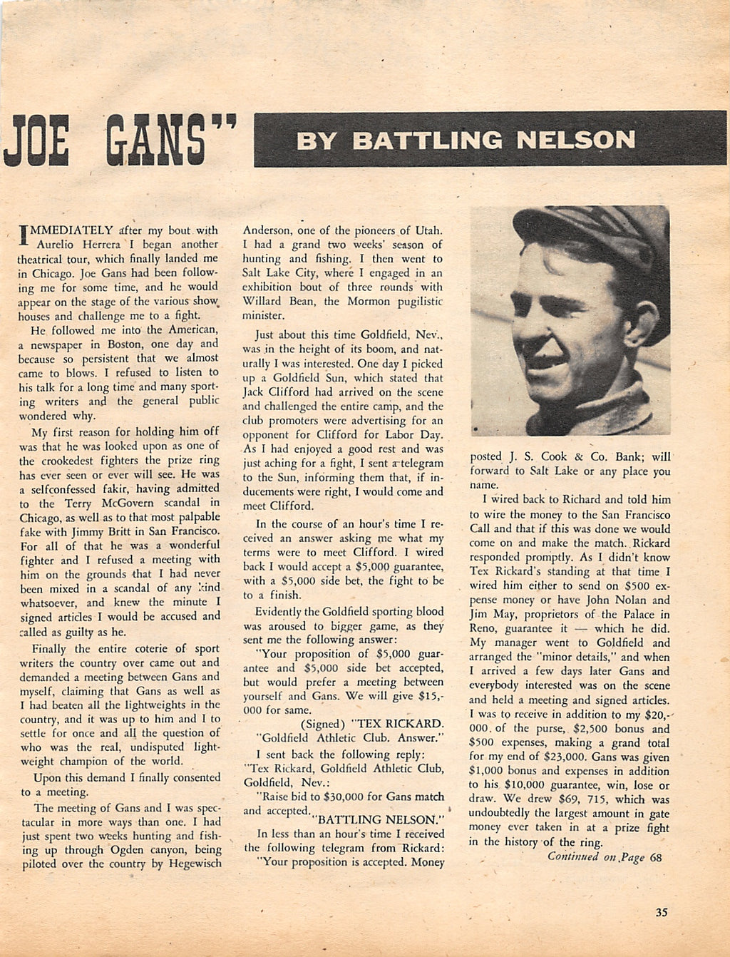 Boxing News Clipping #1391 - "My Fight With Joe Gans" Battling Nelson