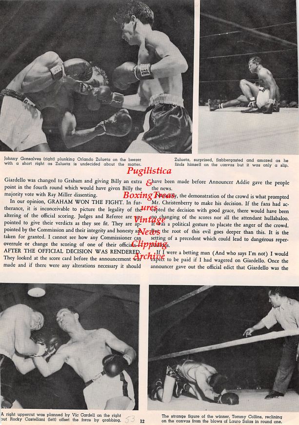 Boxing News Clipping #1395 - Tiger Jones vs. Johnny Bratton, Johnny Gonsalves vs. Orlando Zulueta, Vic Cardell vs. Rocky Castellani, Tommy Collins