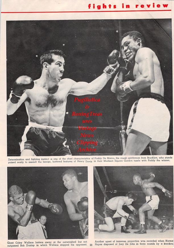 Boxing News Clipping #1396 - Paddy DeMarco vs. Henry Davis, Coley Wallace vs. Bob Dunlap, Norman Hayes vs. Joey DeJohn, Willie Pep vs. Fabelo Chavez, Bobo Olson vs. Lee Sala, Yoshio Shirai vs. Dado Marino
