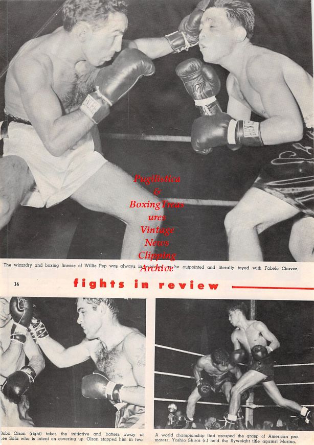 Boxing News Clipping #1396 - Paddy DeMarco vs. Henry Davis, Coley Wallace vs. Bob Dunlap, Norman Hayes vs. Joey DeJohn, Willie Pep vs. Fabelo Chavez, Bobo Olson vs. Lee Sala, Yoshio Shirai vs. Dado Marino