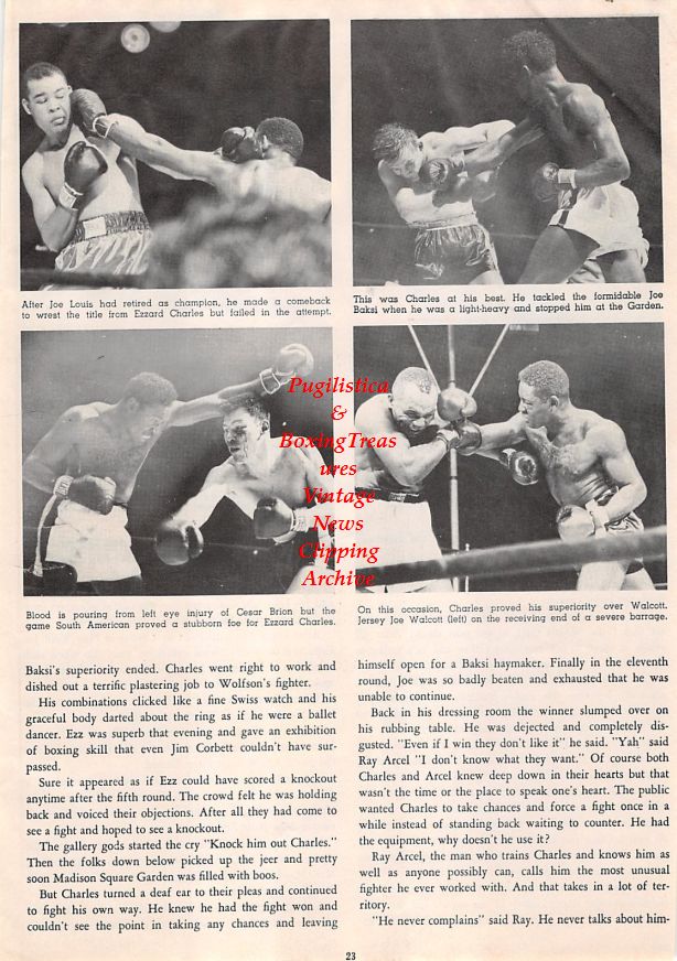 Boxing News Clipping #1401 - Ezzard Charles, Joe Louis, Joe Baksi, Cesar Brion, Jersey Joe Walcott, Jake Mintz, Jimmy Brown, Ray Arcel