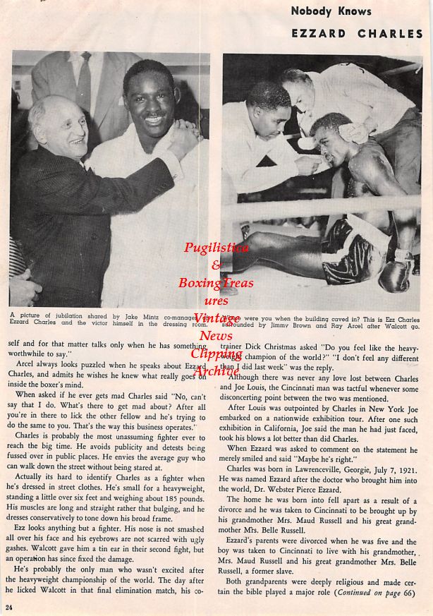 Boxing News Clipping #1401 - Ezzard Charles, Joe Louis, Joe Baksi, Cesar Brion, Jersey Joe Walcott, Jake Mintz, Jimmy Brown, Ray Arcel