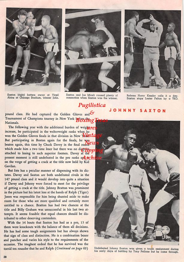 Boxing News Clipping #1403 - Johnny Saxton, Virgil Akins, Joe Miceli, Lester Felton, Tony Pellone