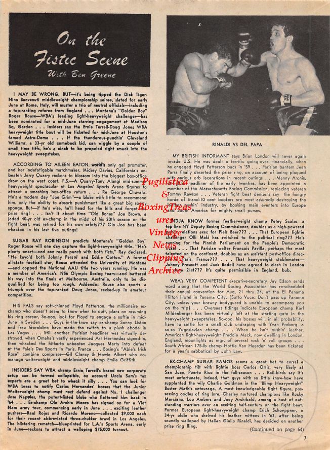 Boxing News Clipping #1412 - Emile Griffith vs. Dick Tiger, Giulio Rinaldi vs. Piero Del Papa