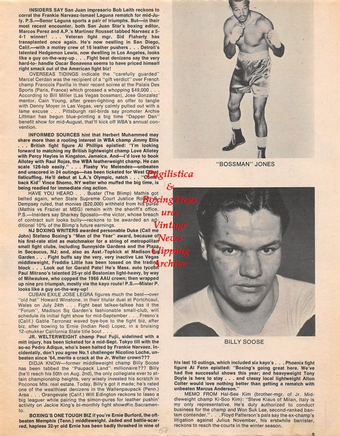 Boxing News Clipping #1436 - Bob Foster vs. Dick Tiger, Sonny Bossman Jones, Billy Soose