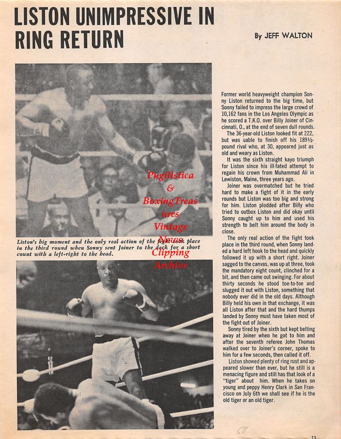 Boxing News Clipping #1438 - Jimmy Ellis, Sonny Liston vs. Billy Joiner