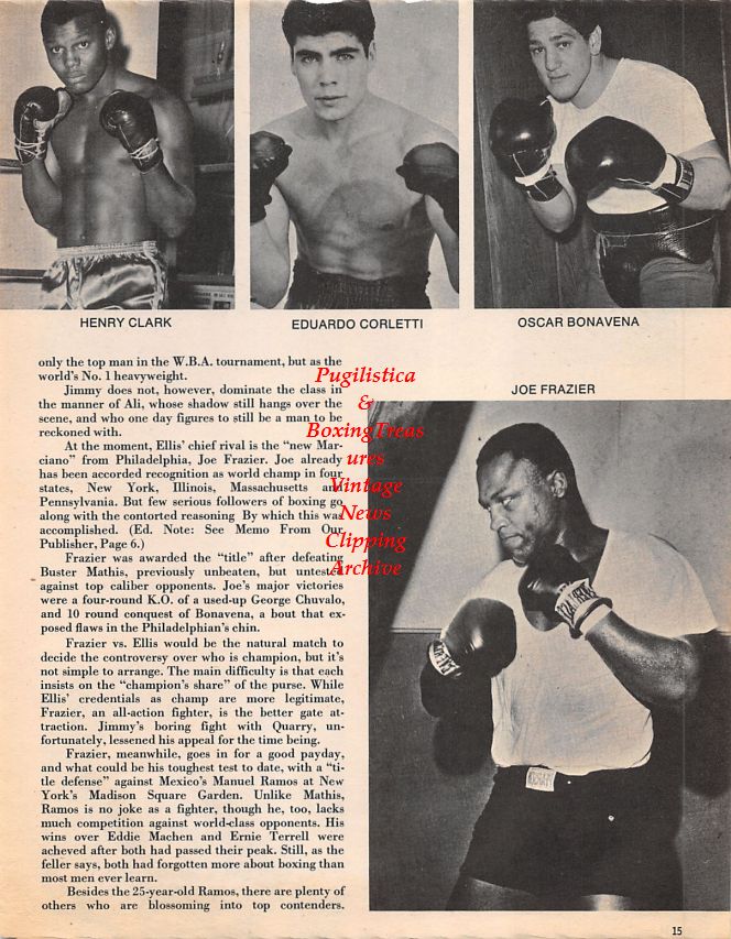 Boxing News Clipping #1439 - Henry Clark, Eduardo Corletti, Oscar Bonavena, Joe Frazier, Jerry Quarry, Boone Kirkman, Sonny Liston