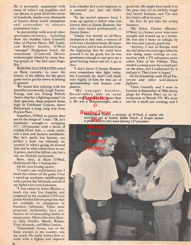 Boxing News Clipping #1446 - Ryan O'Neal with Muhammad Ali, Joe Frazier, Floyd Patterson and Mike Douglas, Hedgemon Lewis and Eddie Futch