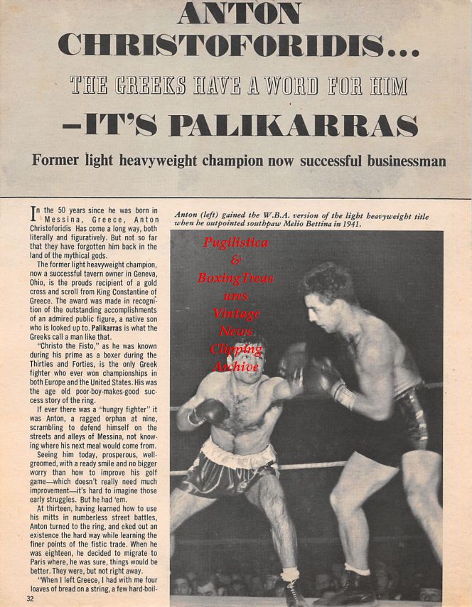 Boxing News Clipping #1447 - Anton Christoforidis vs. Melio Bettina, Ryan O'Neal sparring with Joe Frazier