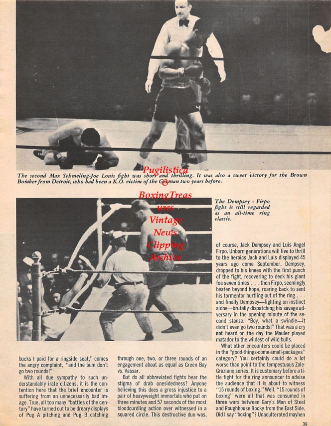 Boxing News Clipping #1451 - Joe Louis vs. Max Schmeling II, Jack Dempsey vs. Luis Angel Firpo, Sugar Ray Robinson vs. Rocky Graziano