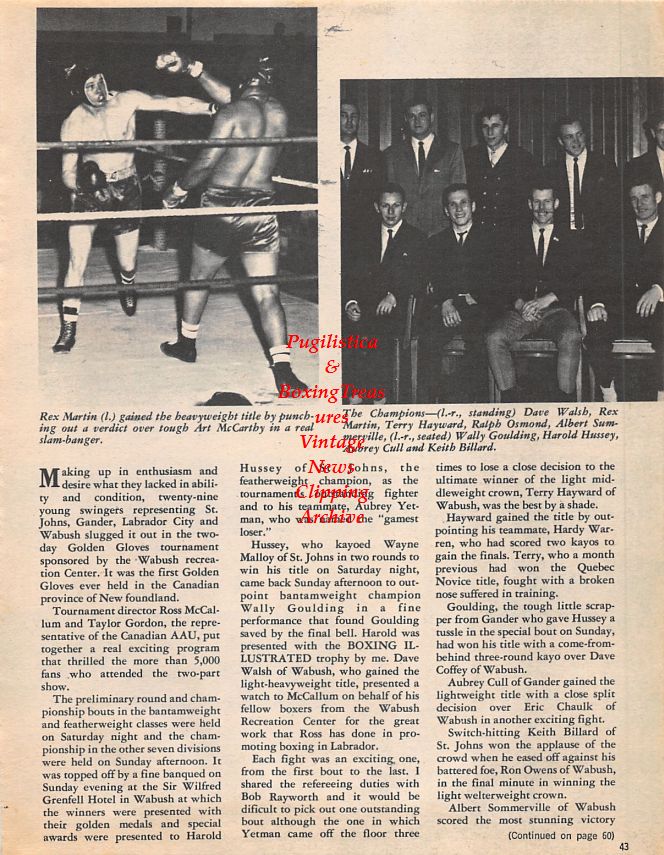 Boxing News Clipping #1453 - Rex Martin vs. Art McCarthy, Dave Walsh, Rex Martin, Terry Hayward, Ralph Osmond, Albert Summerville, Wally Goulding, Harold Hussey, Aubrey Cull and Kieth Billard