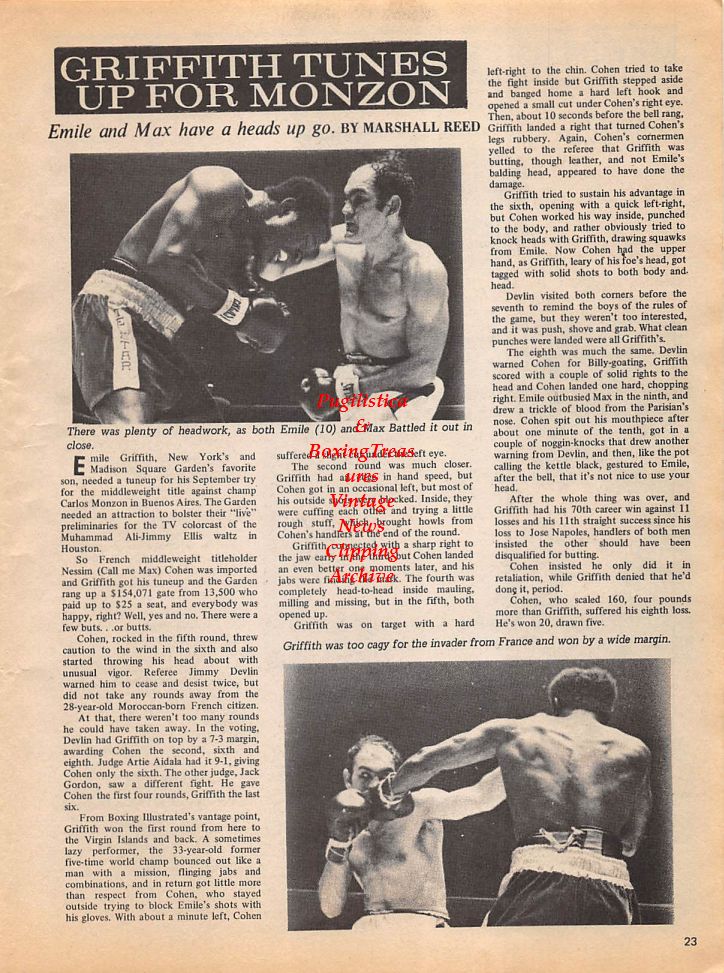 Boxing News Clipping #146 - Emile Griffith vs. Max Cohen, Melio Bettina