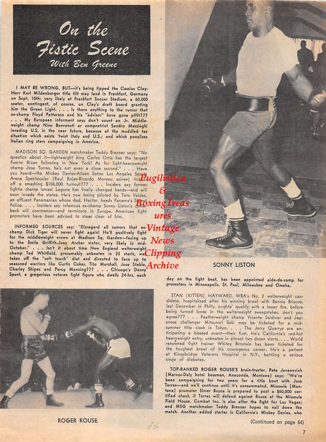 Boxing News Clipping #1462 - Carlos Ortiz, Johnny Bizzarro, Sonny Liston, Roger Rouse