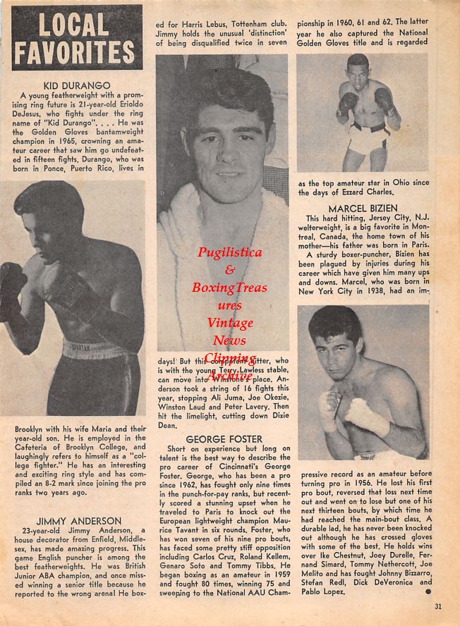 Boxing News Clipping #1474 - Kid Durango, Jimmy Anderson, George Foster, Marcel Bizien, George Chuvalo vs. Oscar Bonavena