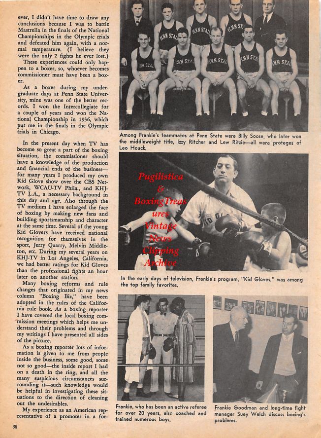 Boxing News Clipping #1476 - Frankie Goodman, Arthur Donovan, Penn State Boxing Team, Suey Welch