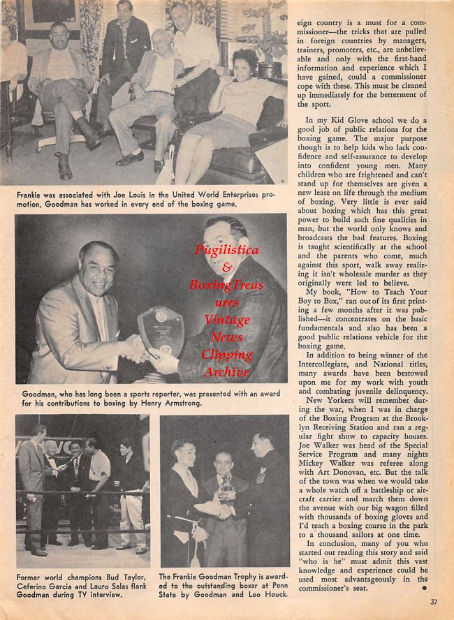 Boxing News Clipping #1477 - J. Onslow Fane, Jack Solomons, Sam Burns, Frankie Goodman, Henry Armstrong, Bud Taylor, Ceferino Garcia, Lauro Salas, Leo Houck