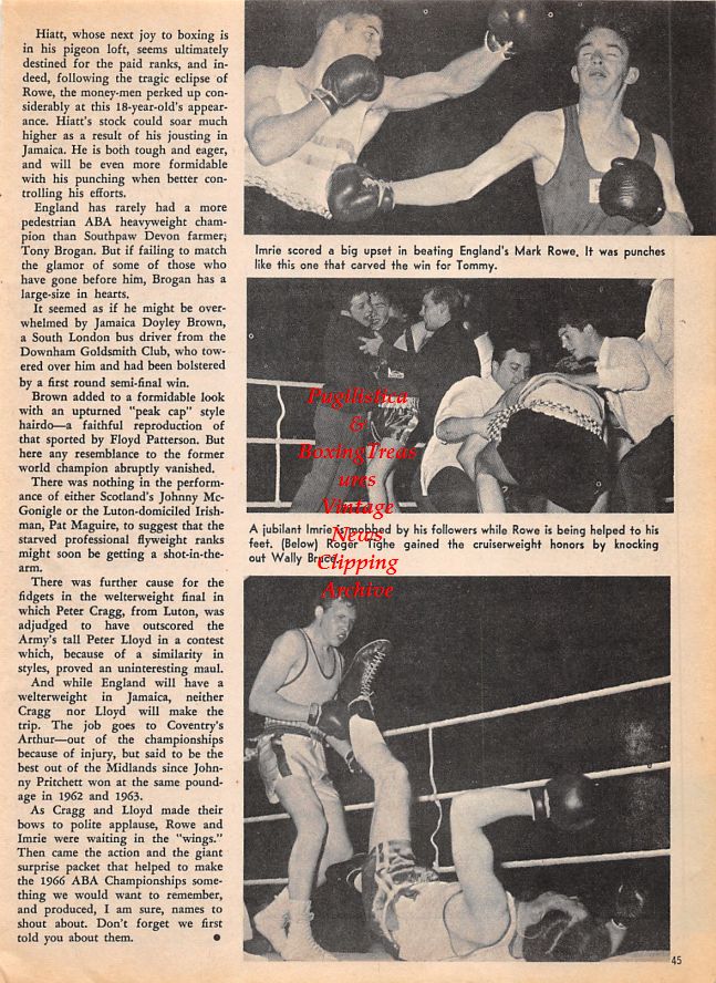 Boxing News Clipping #1481 - Tom Imrie vs. Mark Rowe, Roger Tighe vs. Wally Bruce, Sandro Mazzinghi, Karl Mildenberger