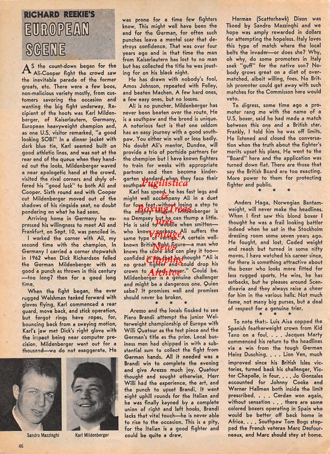 Boxing News Clipping #1481 - Tom Imrie vs. Mark Rowe, Roger Tighe vs. Wally Bruce, Sandro Mazzinghi, Karl Mildenberger