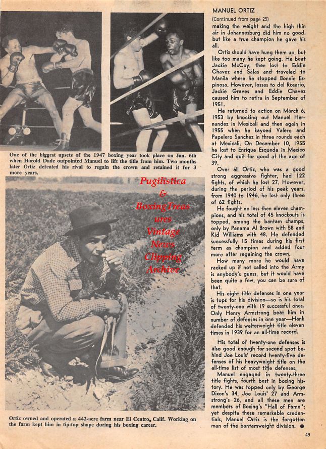 Boxing News Clipping #1483 - Manuel Ortiz, Harold Dade, Salvatore Burruni vs. Walter McGowan, Alan Hoby, Maurice Woolf, Tim Riley, Harry Carpenter