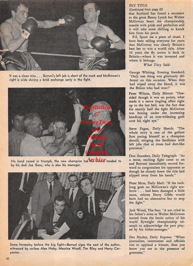 Boxing News Clipping #1483 - Manuel Ortiz, Harold Dade, Salvatore Burruni vs. Walter McGowan, Alan Hoby, Maurice Woolf, Tim Riley, Harry Carpenter