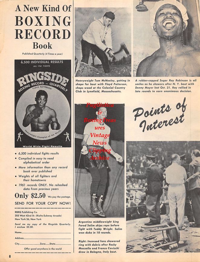 Boxing News Clipping #1488 - Tom McNeeley, Sugar Ray Robinson, Fared Salim, Rocky Mazzolla vs. Franco Cavicchi fight