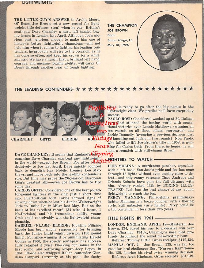 Boxing News Clipping #1490 - Joe Brown, Dave Charnley, Carlos Ortiz, Flash Elorde, Paolo Rosi, Benny Kid Paret, Emile Griffith, Jorge Fernandez, Luis Rodriguez, Ralph Dupas