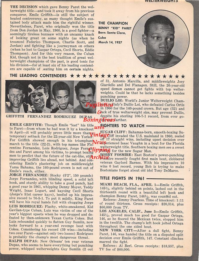 Boxing News Clipping #1490 - Joe Brown, Dave Charnley, Carlos Ortiz, Flash Elorde, Paolo Rosi, Benny Kid Paret, Emile Griffith, Jorge Fernandez, Luis Rodriguez, Ralph Dupas