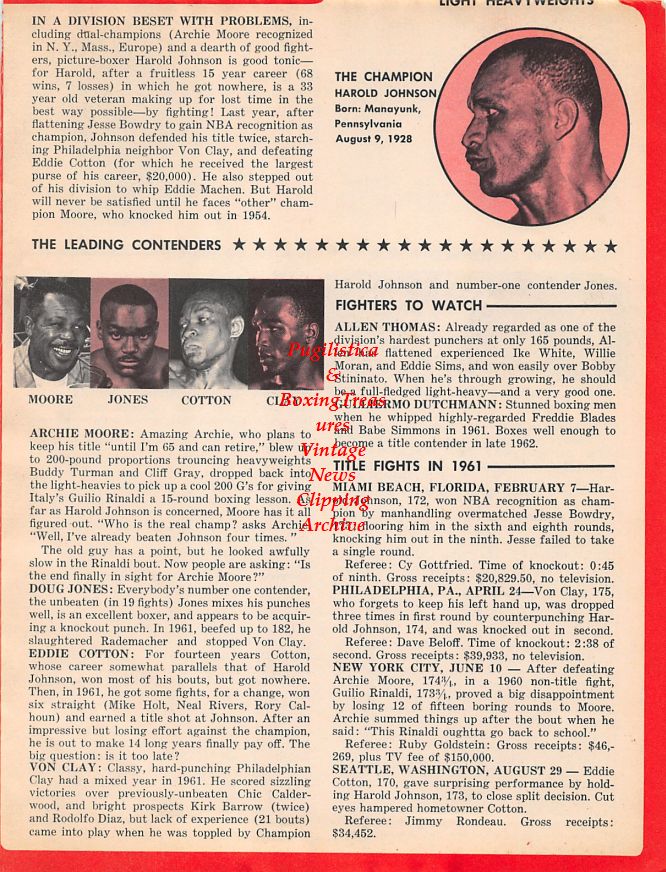 Boxing News Clipping #1491 - Harold Johnson, Archie Moore, Doug Jones, Eddie Cotton, Von Clay, Gene Fullmer, Dick Tiger, Terry Downes, Paul Pender, Florentino Fernandez