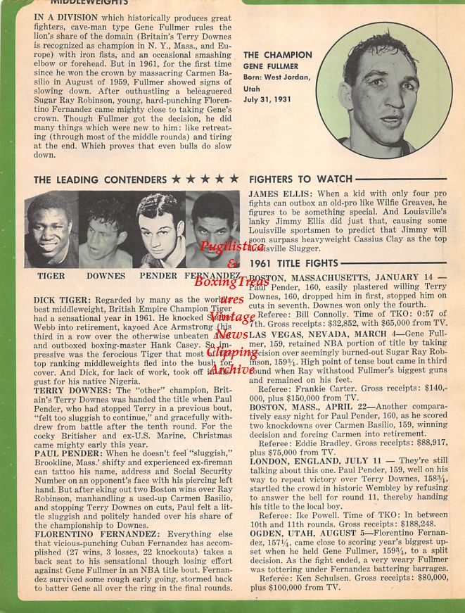 Boxing News Clipping #1491 - Harold Johnson, Archie Moore, Doug Jones, Eddie Cotton, Von Clay, Gene Fullmer, Dick Tiger, Terry Downes, Paul Pender, Florentino Fernandez
