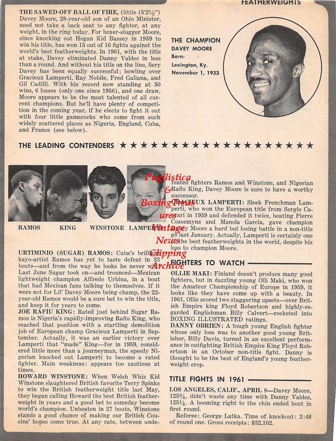 Boxing News Clipping #1492 - Davey Moore, Sugar Ramos, Joe Rafiu King, Howard Winstone, Gracieux Lamperti, Eder Jofre, Johnny Caldwell, Jose Medel, Pierro Rollo, Alphonse Halimi