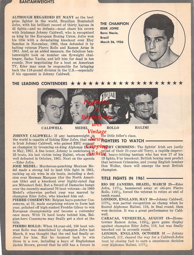 Boxing News Clipping #1492 - Davey Moore, Sugar Ramos, Joe Rafiu King, Howard Winstone, Gracieux Lamperti, Eder Jofre, Johnny Caldwell, Jose Medel, Pierro Rollo, Alphonse Halimi