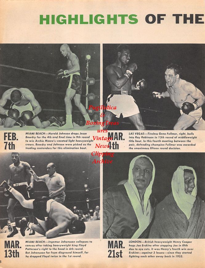 Boxing News Clipping #1494 - Harold Johnson vs. Jesse Bowdry, Gene Fullmer vs. Sugar Ray Robinson, Ingemar Johansson vs. Floyd Patterson, Henry Cooper vs. Joe Erskine