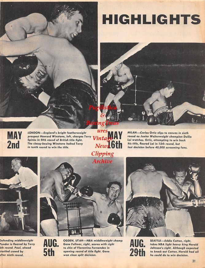 Boxing News Clipping #1496 - Howard Winstone vs. Terry Spinks, Carlos Ortiz vs. Duilio Loi, Gene Fullmer vs. Florentino Fernandez, Eddie Cotton vs. Harold Johnson