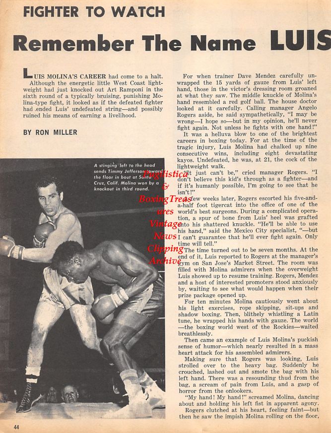 Boxing News Clipping #1502 - Luis Molina vs. Timmy Jefferson, Pancho Villa vs. Jimmy Wilde