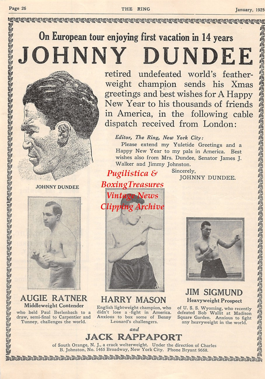 Boxing News Clipping #1535 - Johnny Dundee, Augie Ratner, Harry Mason, Jim Sigmund